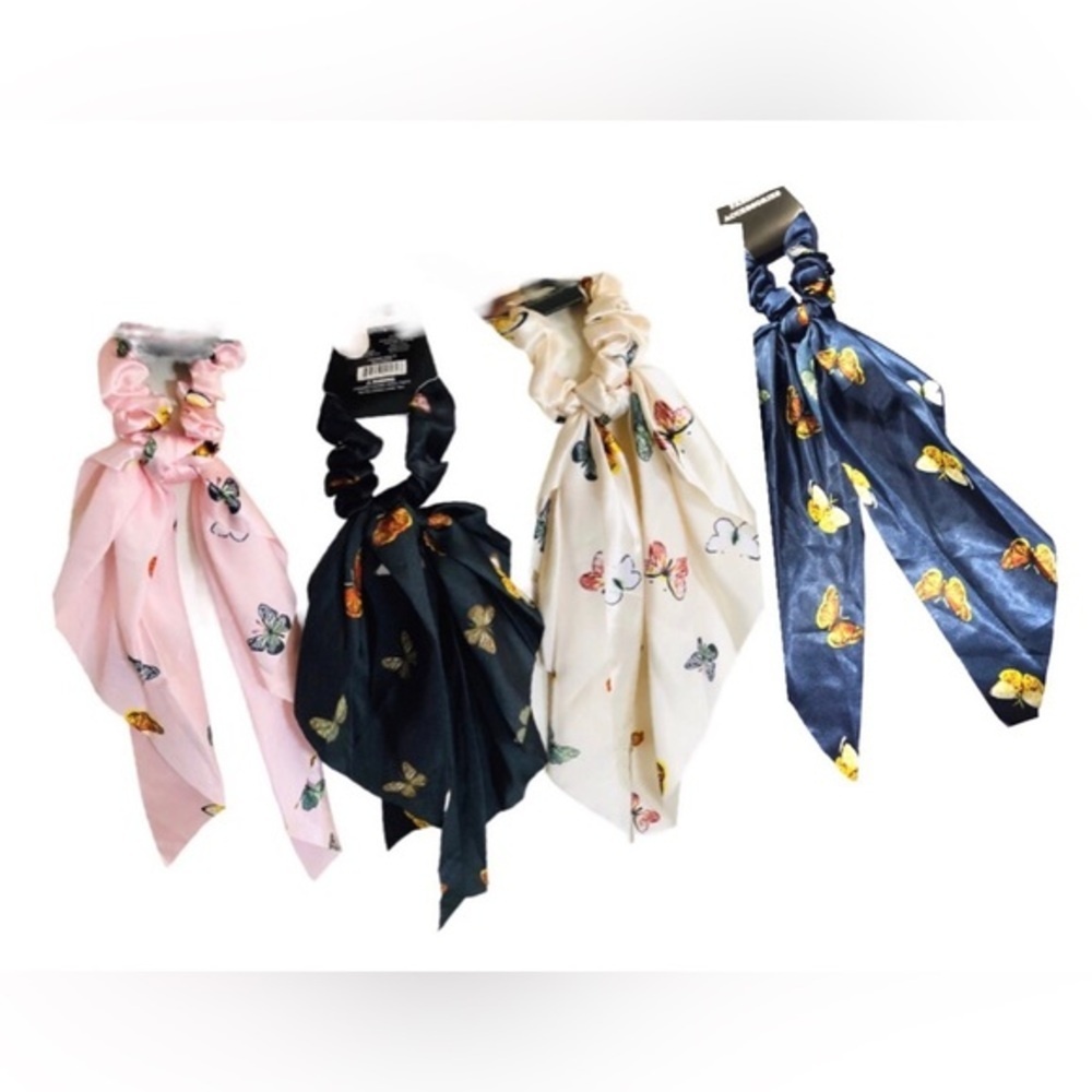 4 Butterfly print satin look black, pink, blue ivory hair scrunchie scarves new